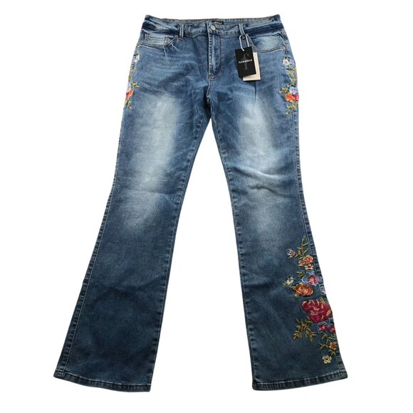 NWT Flamingals Womens Embroidered Jeans XL Blue Denim Floral Flare Leg Boho Chic - Picture 1 of 16